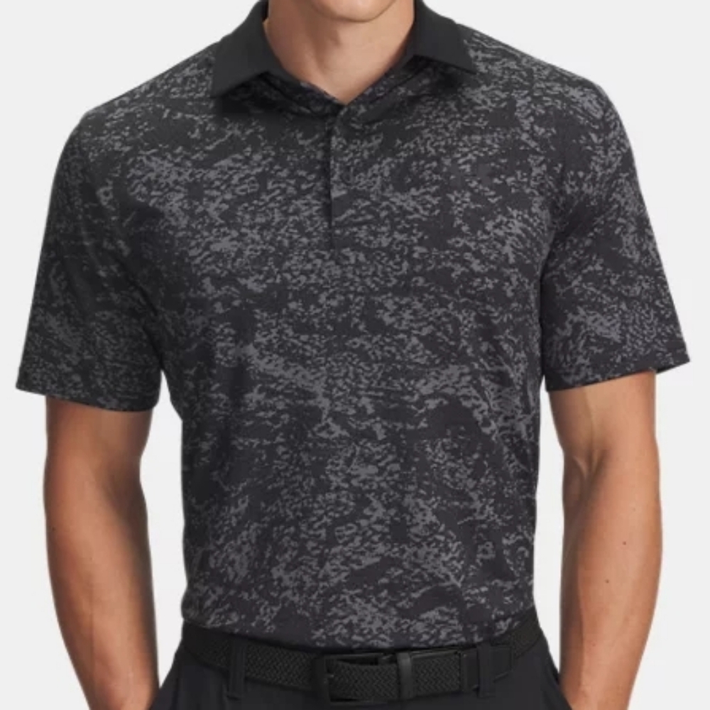 Under Armour Golf Polo Shirt Playoff Performance UPF Black Gray Print Medium
